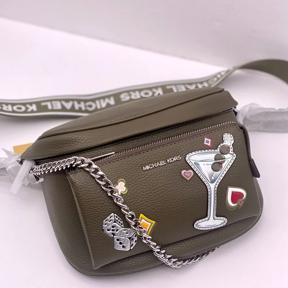 Michael Kors Olive Green Funny Pack Belt Crossbody Bag with Fun Patches